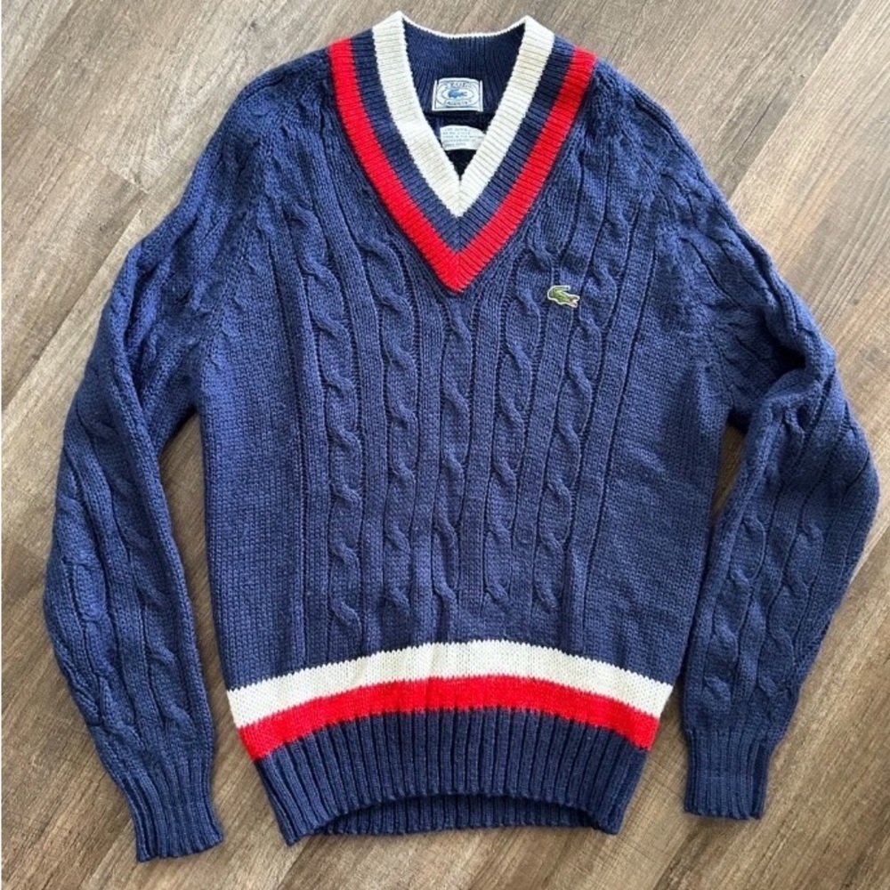 Vintage Lacoste Men's Tennis/Cricket Sweater with Red and White Trim